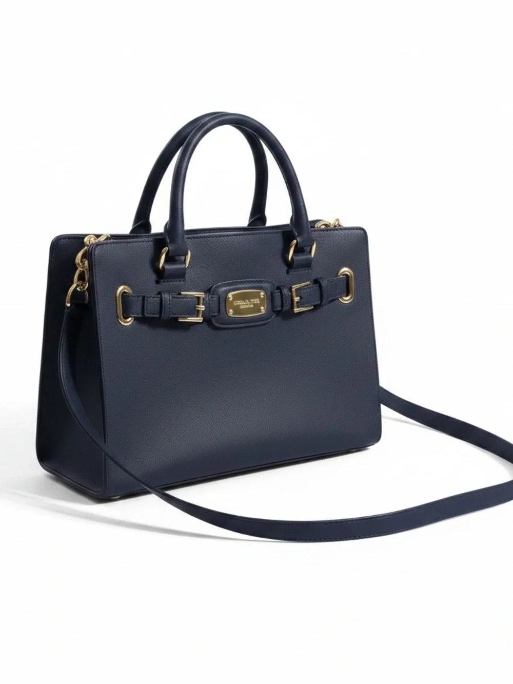 Michael Kors Navy Leather Satchel with Gold Hardware